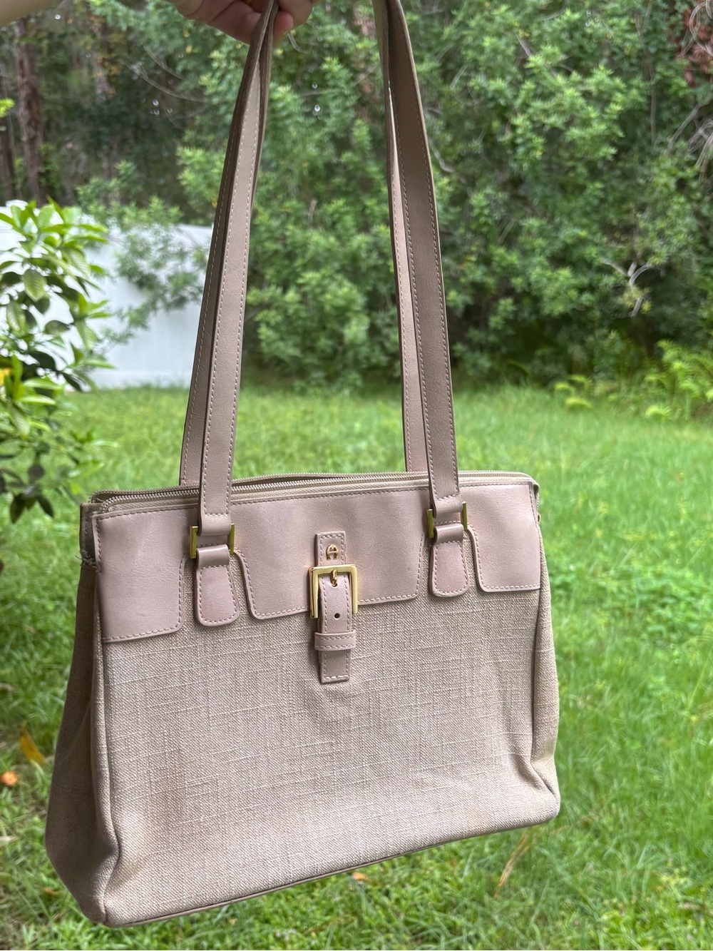 Vintage Etienne Aigner Linen & Leather Shoulder Bag / Tote 🌾✨